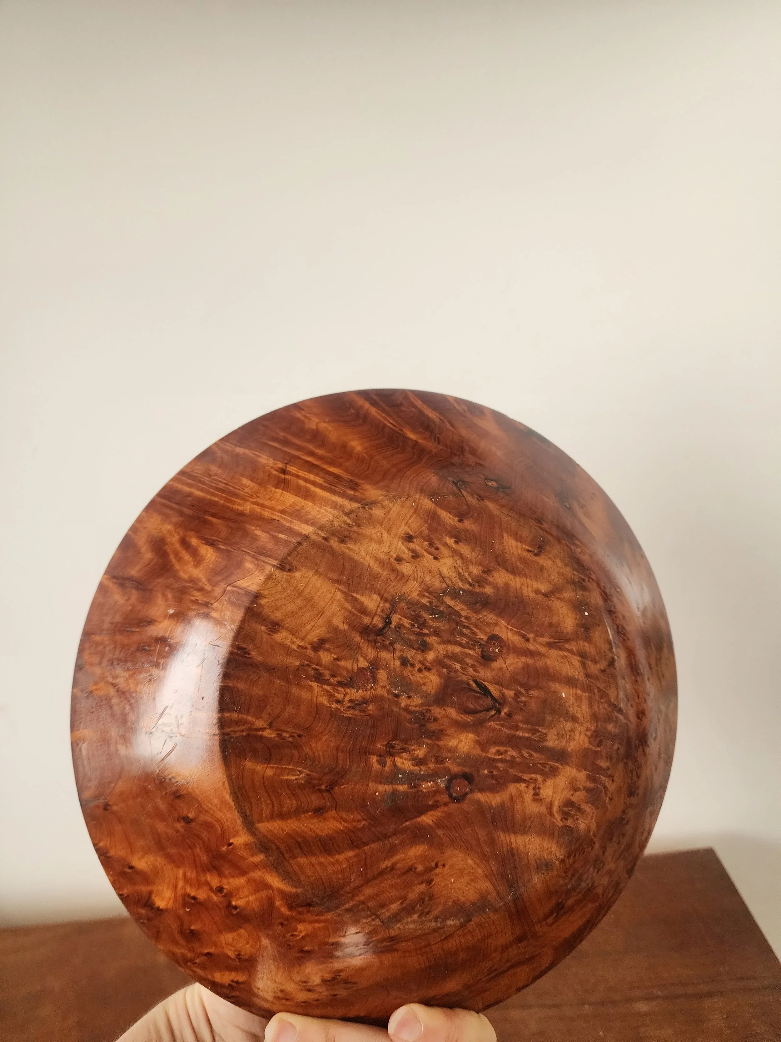 side view of low profile burl wood bowl