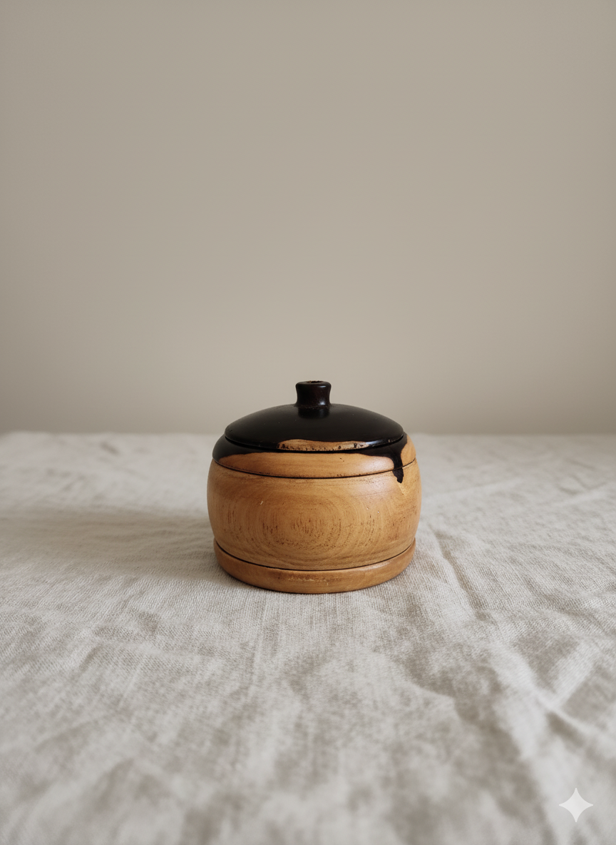 Small vintage wooden lidded pot with dark glazed top on linen backdrop