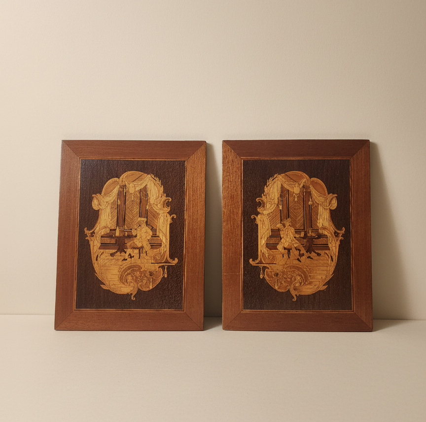 pair of vintage wood marquetry wall panels with musical rococo scene