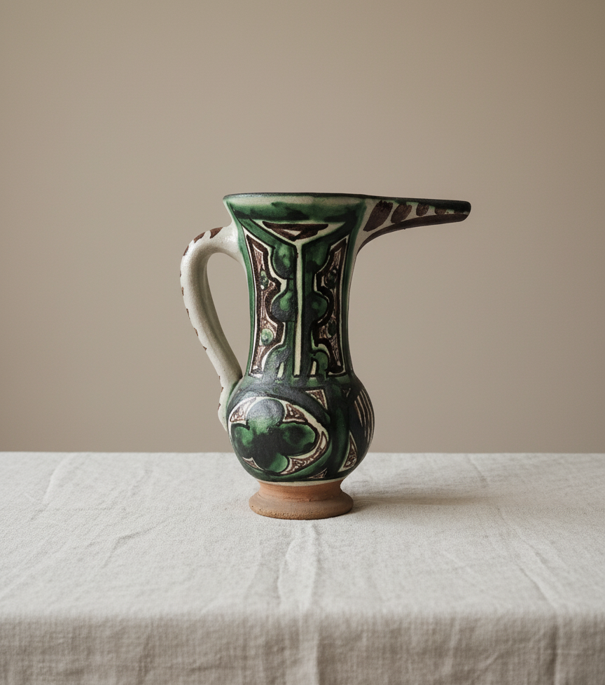 “Domingo Punter Spanish ceramic jug in green and brown with long spout and Mudejar-style motifs.”