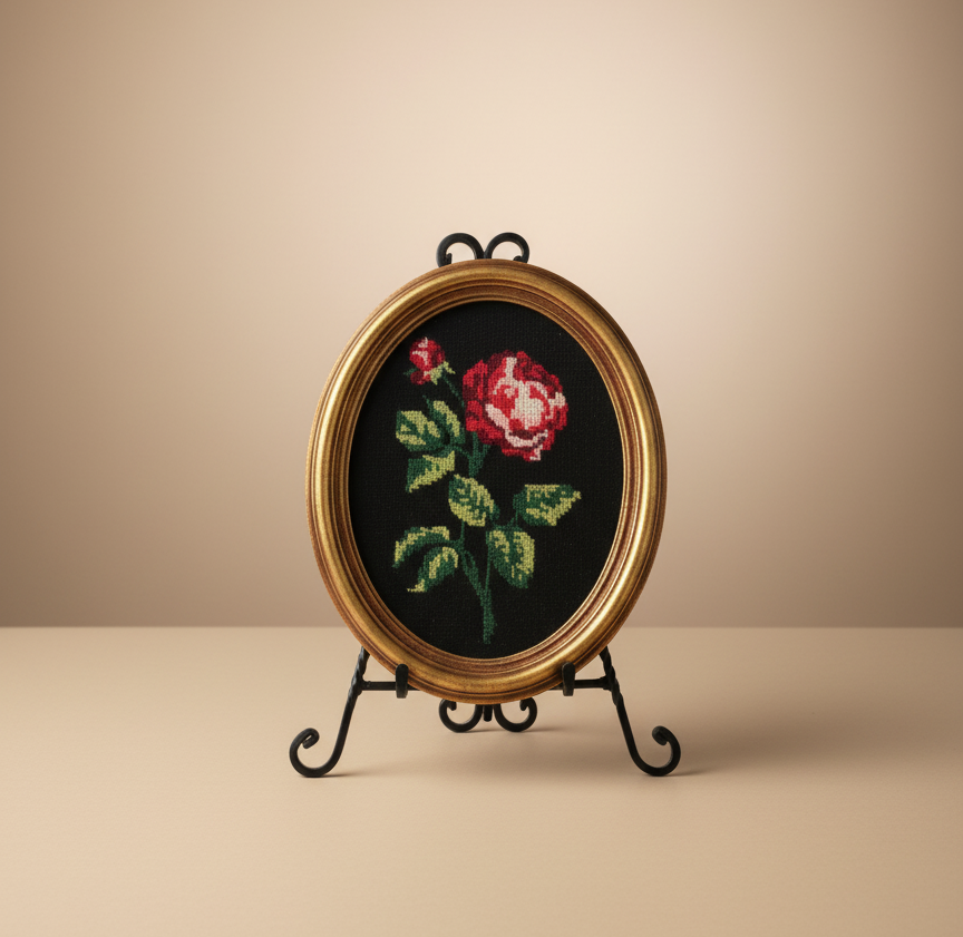 Vintage Rose Needlepoint Art – Gold Oval Frame Floral Embroidery