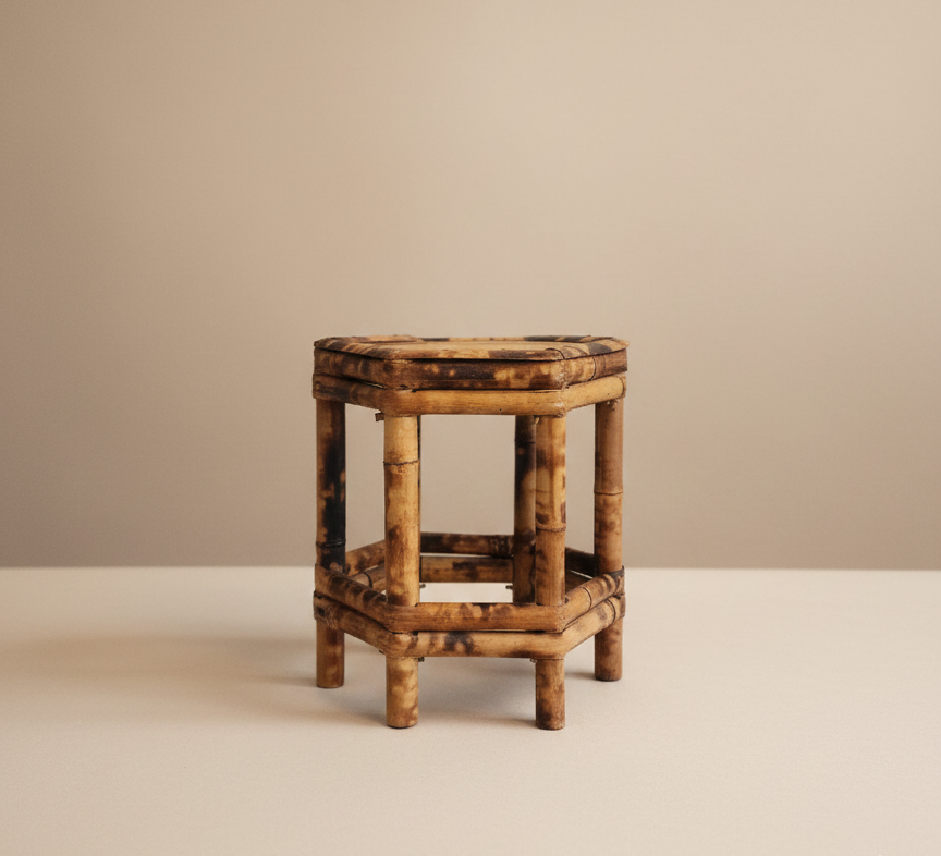 vintage tortoiseshell bamboo stool with burnt bamboo finish