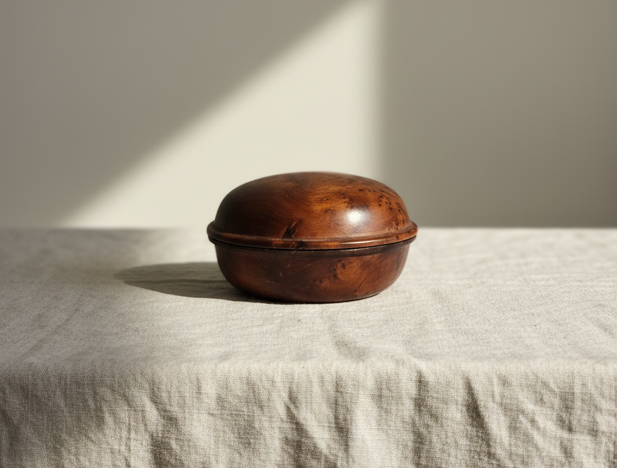 Vintage hand-turned wooden lidded box on linen background under natural light.