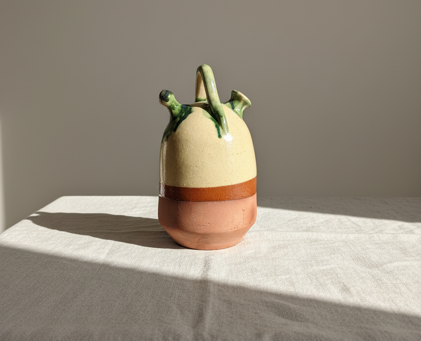 Vintage Spanish botijo jug with green drip glaze on terracotta base.