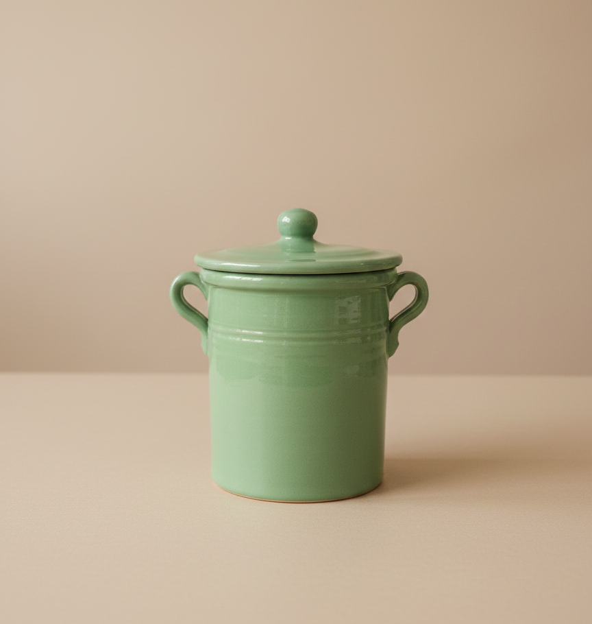 vintage green glazed italian stoneware crock with lid