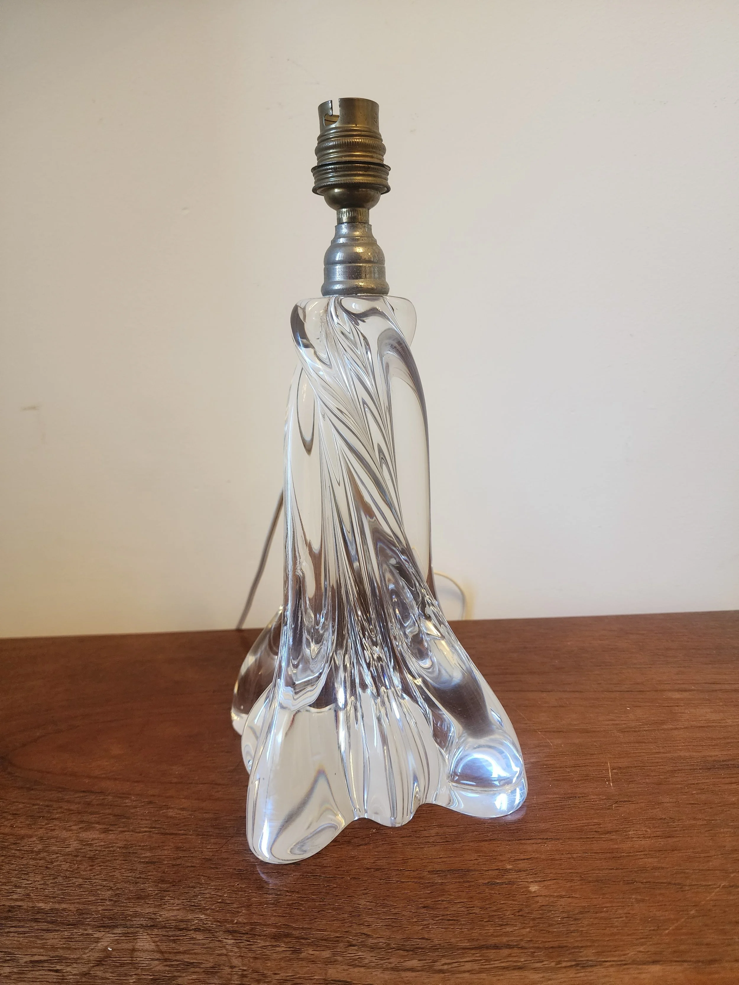 side view of tall clear crystal baccarat lamp base