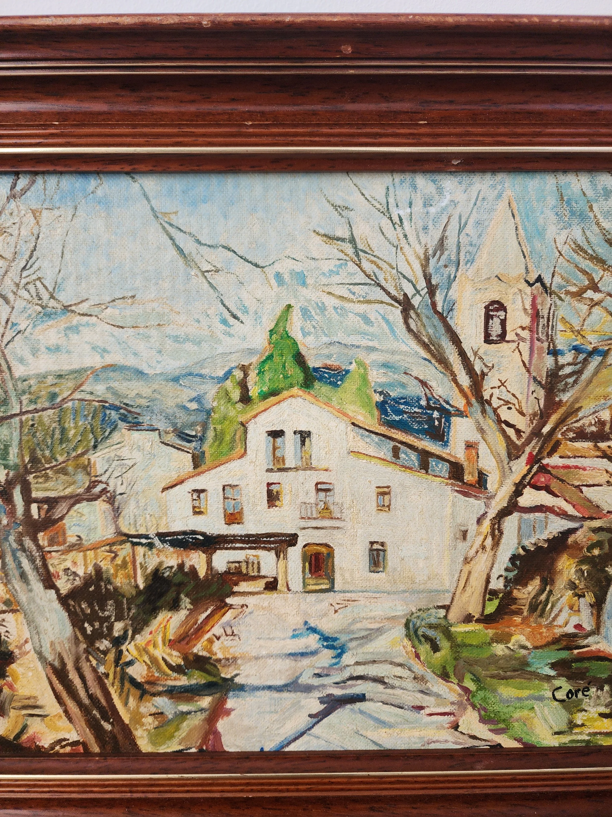 Mid-century painting depicting a mountain town under winter light.