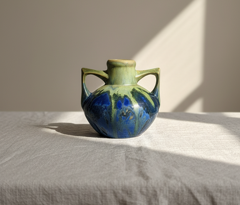 Gilbert Méténier amphora vase with green and blue drip glaze on linen background.