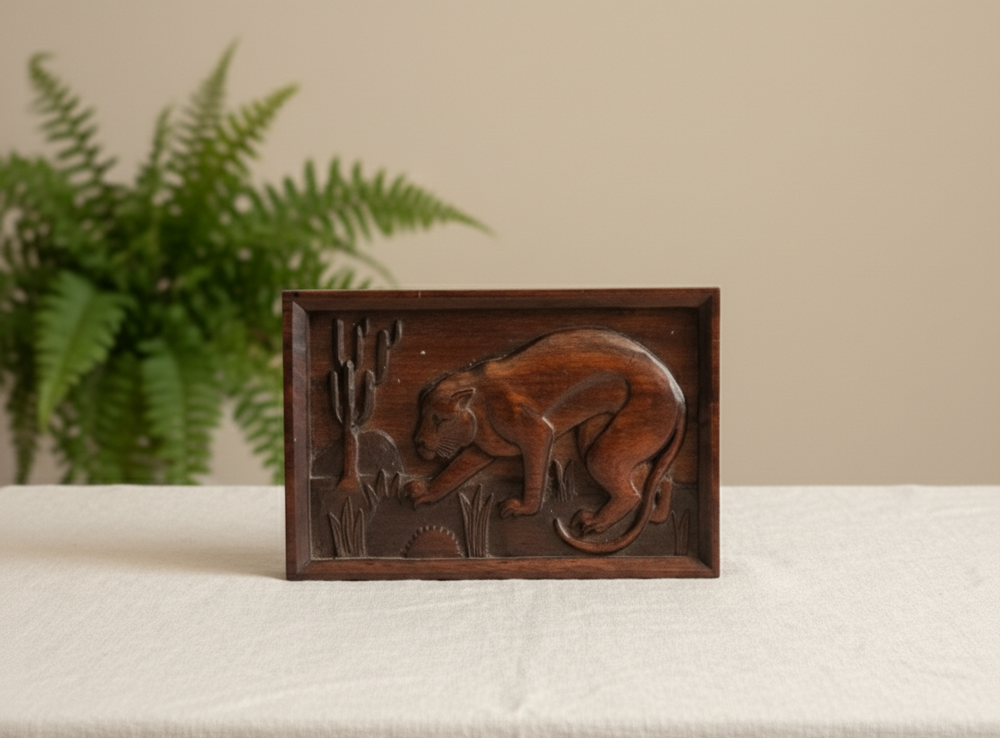Vintage hand-carved wooden relief of a panther in desert scene.