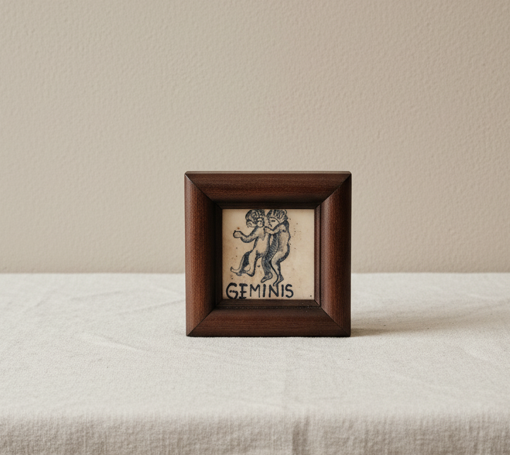 Antique Spanish ceramic tile depicting Gemini zodiac twins in wooden frame.