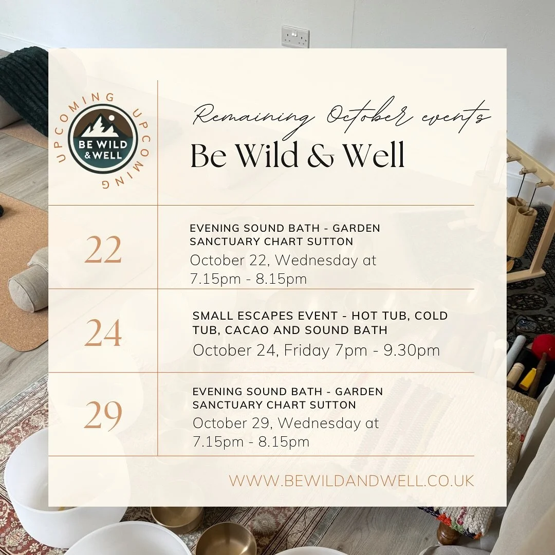 Remaining events this October 🍁

✨ Wednesday 22nd and 29th - Evening sound bath in a gorgeous space cosy and tucked away from the elements in Chart Sutton ME17. Limited spaces. Investment: &pound;25 

✨ Friday 24th - Small Escape Event. Think an hou