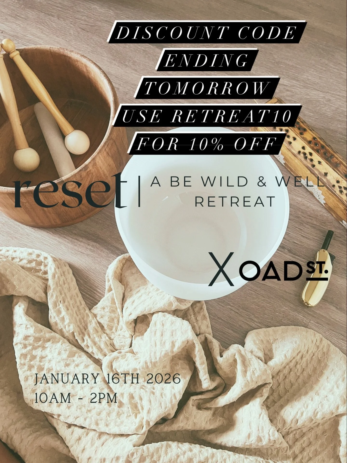 Ending midday tomorrow, discount code RETREAT10 for 10% off Januarys RESET retreat and the March AWAKEN retreat. 

Both retreats include: 
	&bull;	Guided journalling and supportive sharing
	&bull;	A deeply holistic tea-blending experience, where you&