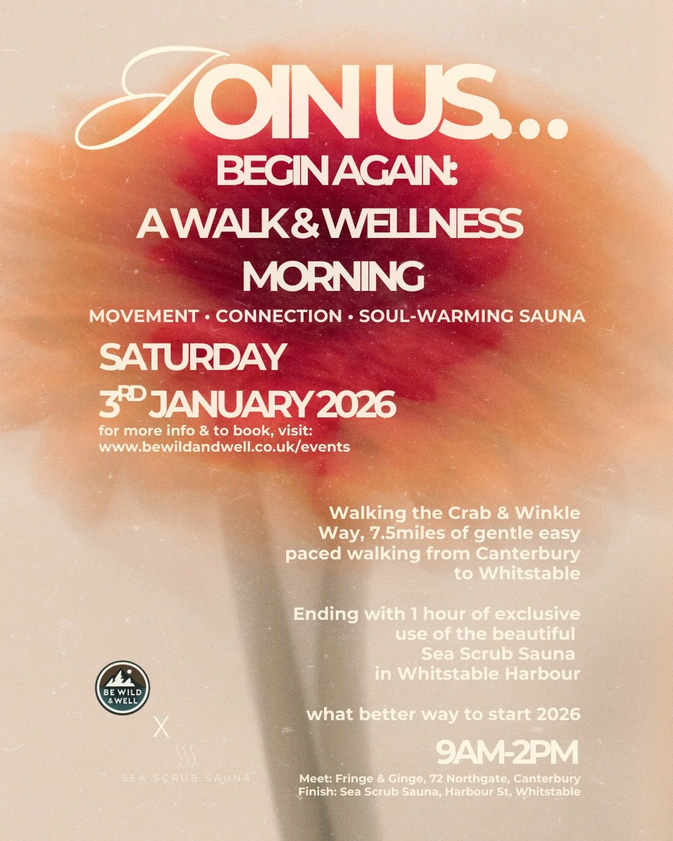 Join us 3rd January 9am-2pm
BEGIN AGAIN: A WALK &amp; WELLNESS MORNING
Canterbury > Whitstable Walk. 7.5miles gentle easy walk blowing away the cobwebs and making new connections
Collaborating with the brilliant @seascrubsauna 
We end with a well 