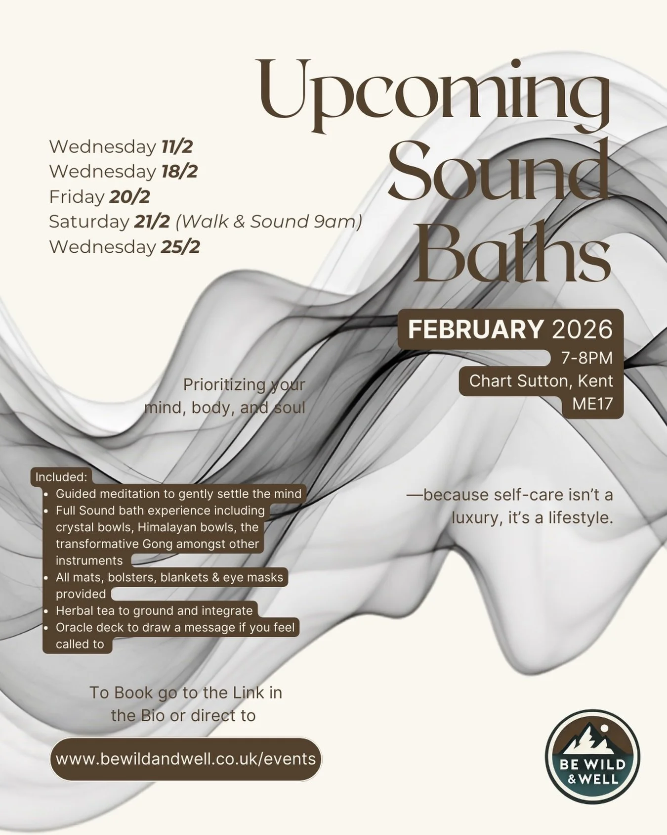 Upcoming Sound Baths this FEBRUARY in Kent 

Wednesday 11th (THIS WEEK!!) 
Wednesday 18th 
Friday 20th 
Saturday 21st - AM walk &amp; sound bath event 
Wednesday 25th 

🕰️ 7-8pm (except for the Saturday AM walk event at 9am)
📍 Chart Sutton, Maidsto