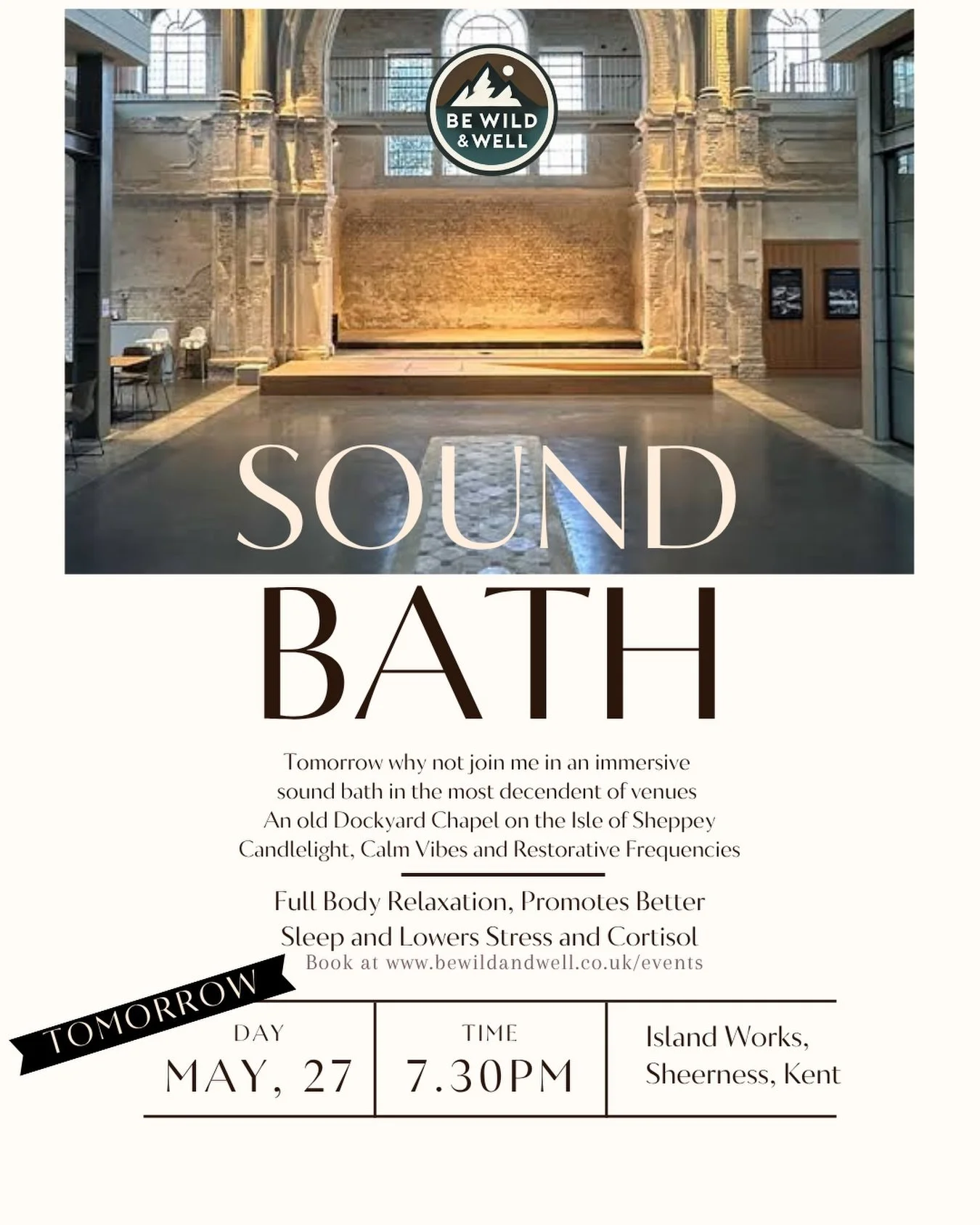 Tomorrow Evening&rsquo;s Event - Candlelit Sound Bath in the atmospheric and magical setting of an old dockyard chapel 🕯️ 

📆 Wednesday 27th May 
⏰ 7.30-8.30pm
📍 Island Works, Sheerness, ME12 1ED
💫 &pound;30

Bring a mat and items to help support