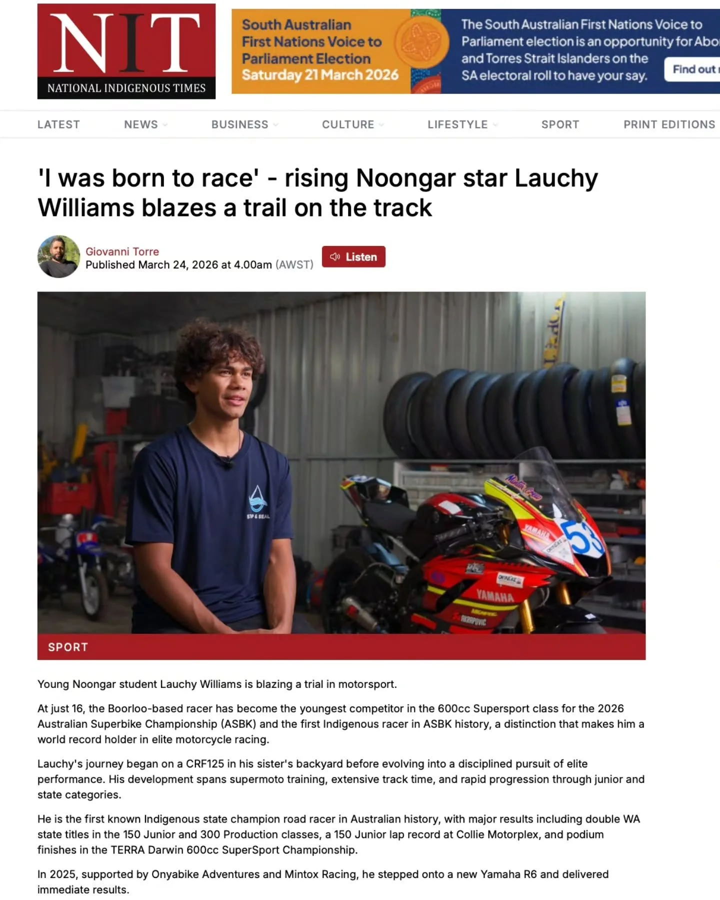Proud to share a major milestone for our team and for Australian motorsport.

Our storytelling work for Lauchy Williams has now been published in both The West Australian and the National Indigenous Times, bringing national visibility to a groundbrea