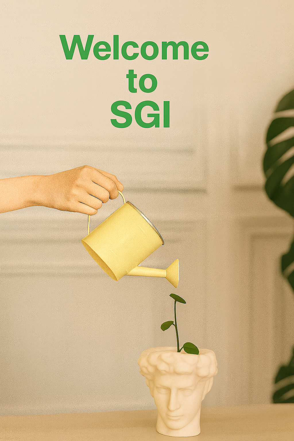 A hand watering a small plant growing in a decorative bust-shaped pot with the text "Welcome to SGI" in green letters above.