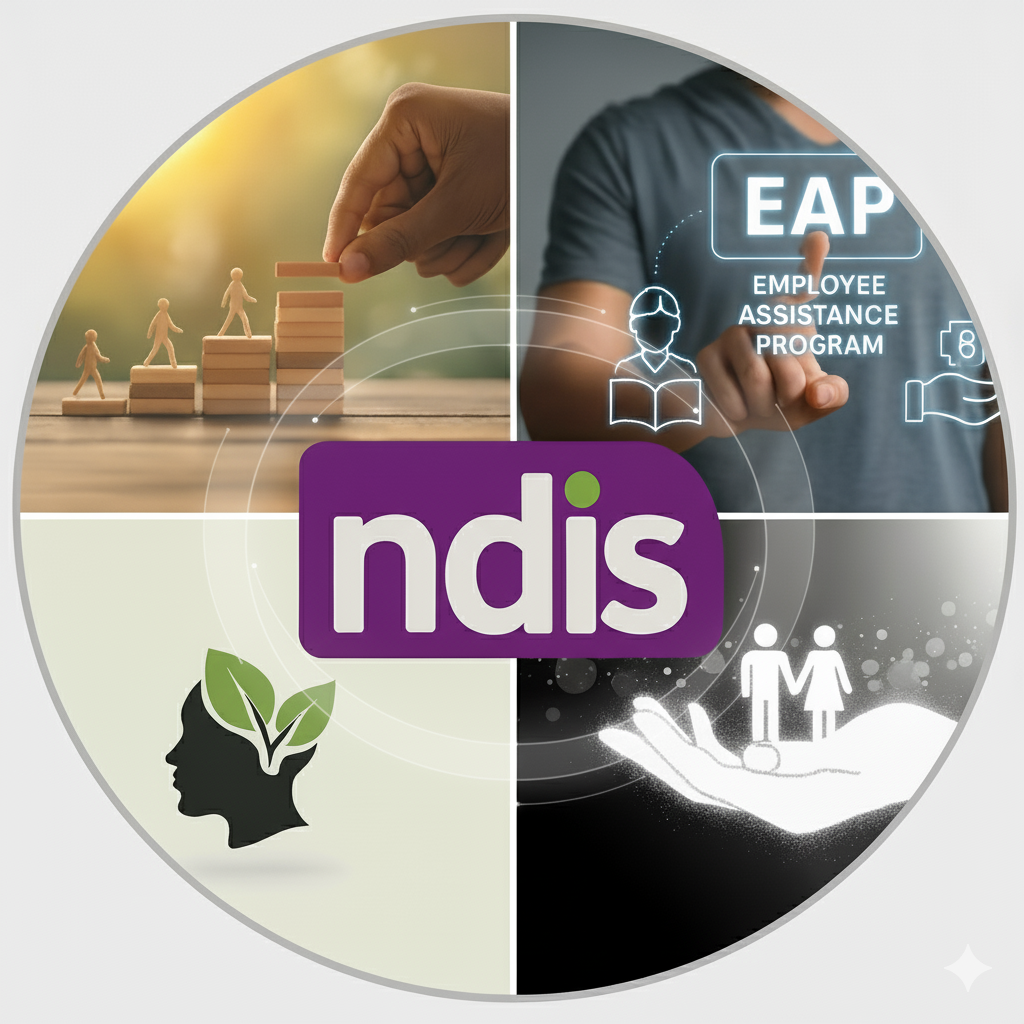 A circular collage featuring four quadrants with various images related to human development and support. The top-left shows wooden figures ascending stairs, symbolizing growth. The top-right displays a person touching a virtual screen with text 'EAP Employee Assistance Program.' The bottom-left contains a silhouette of a head with leaves, representing mental health or growth. The bottom-right shows a hand holding two human figures, symbolizing support or care. In the center, there is a purple square with the text 'ndis'.