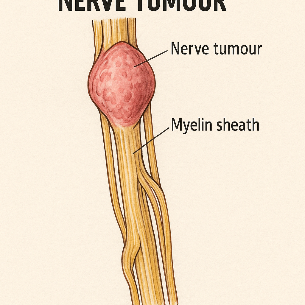 Illustration of a nerve tumor in a nerve, showing the tumor as a pink, rounded growth on the nerve and labeled with 'Nerve tumour' and 'Myelin sheath'.