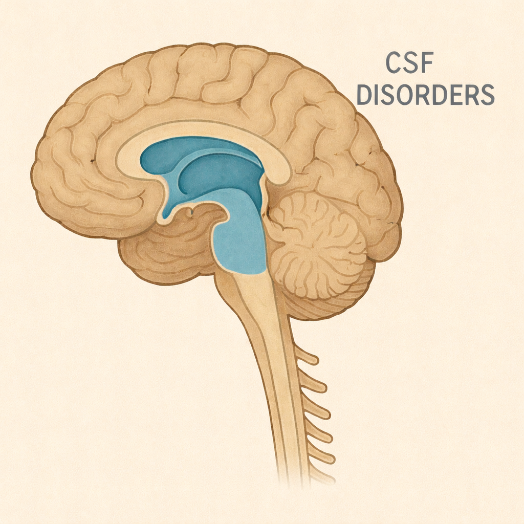 Diagram of the human brain highlighting cerebrospinal fluid (CSF) disorders.