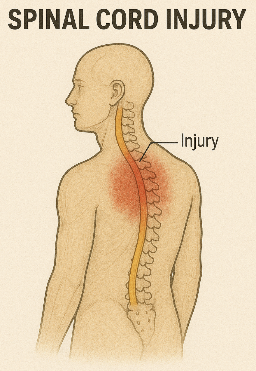 Diagram of a human back showing spinal cord injury with red shading around the injury site.