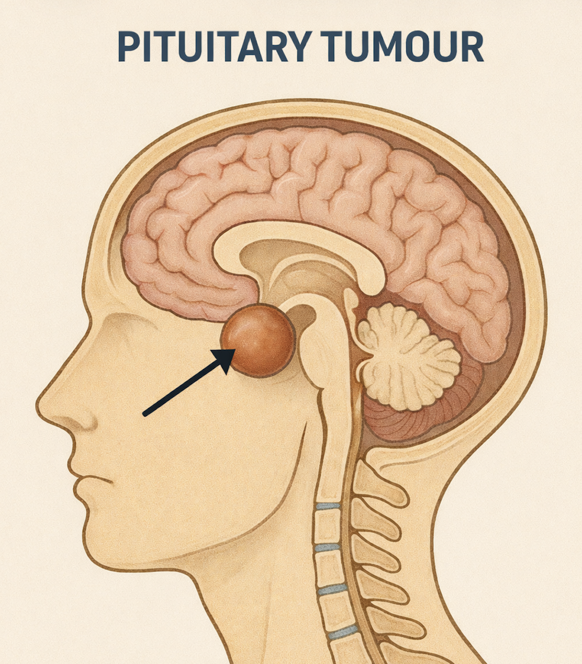 Diagram of a human head highlighting a pituitary tumour in the brain.