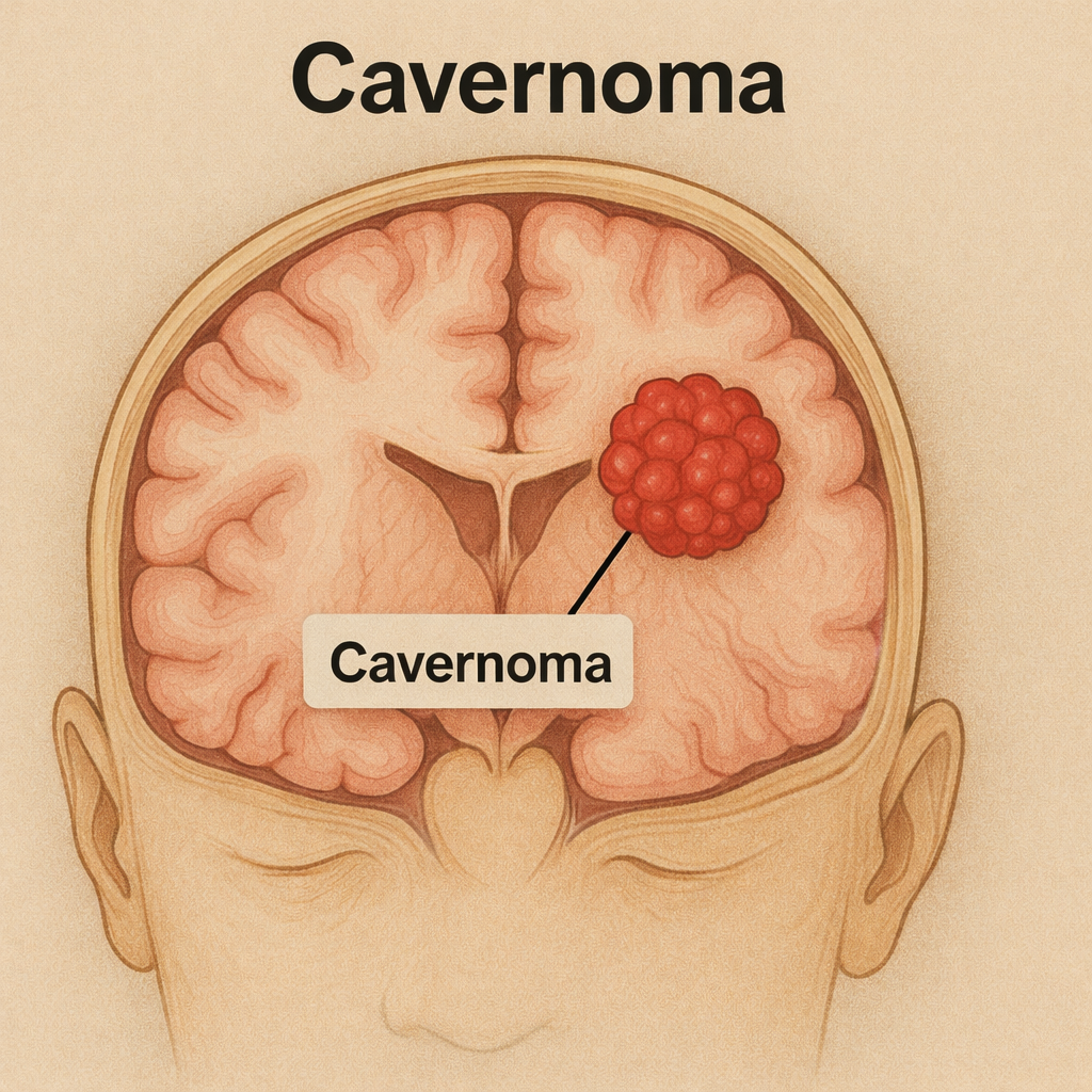 Diagram of a human brain with a tumor labeled as cavernoma.