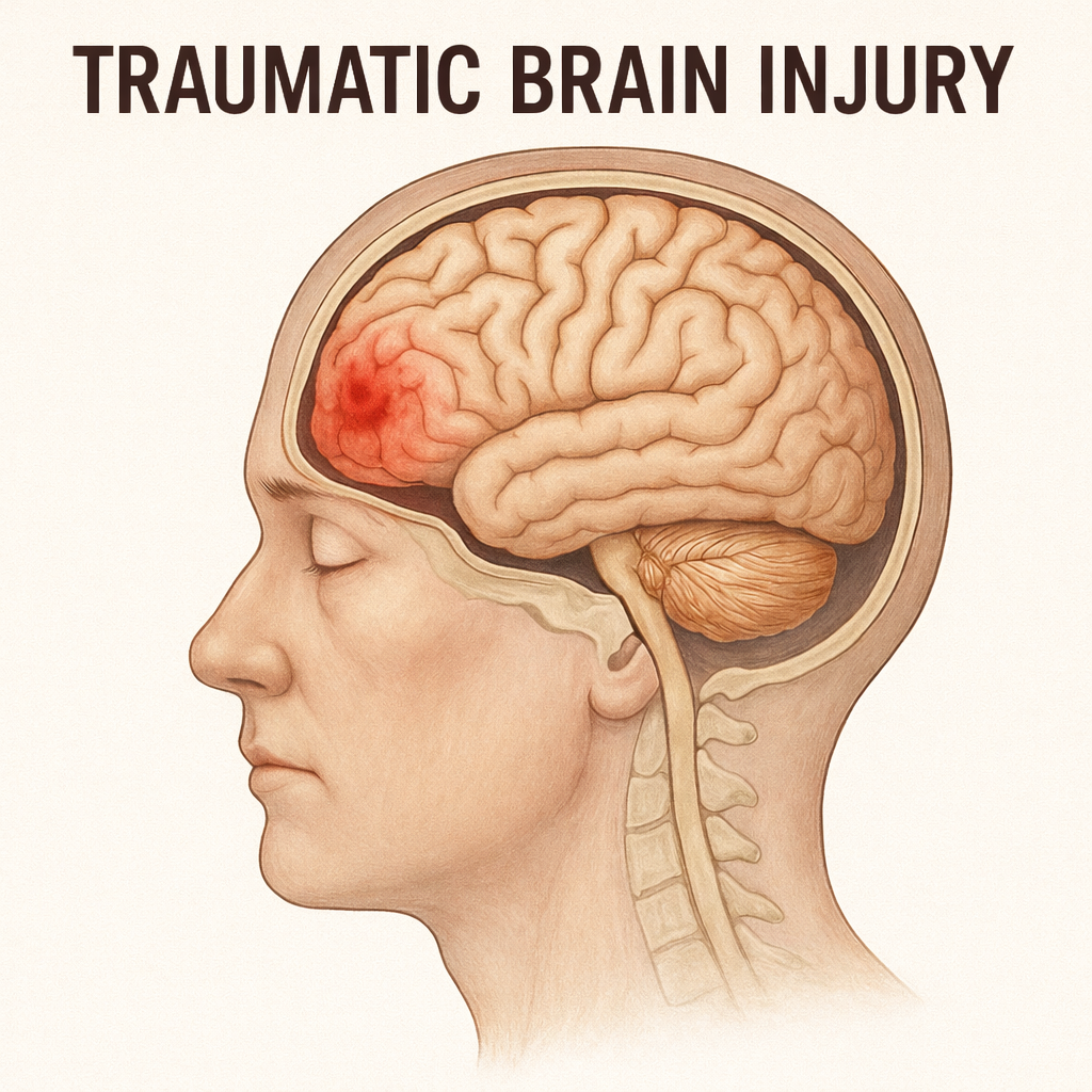 Diagram showing a traumatic brain injury in the left side of the brain, highlighted in red, with a side profile of a person's head and brain anatomy.