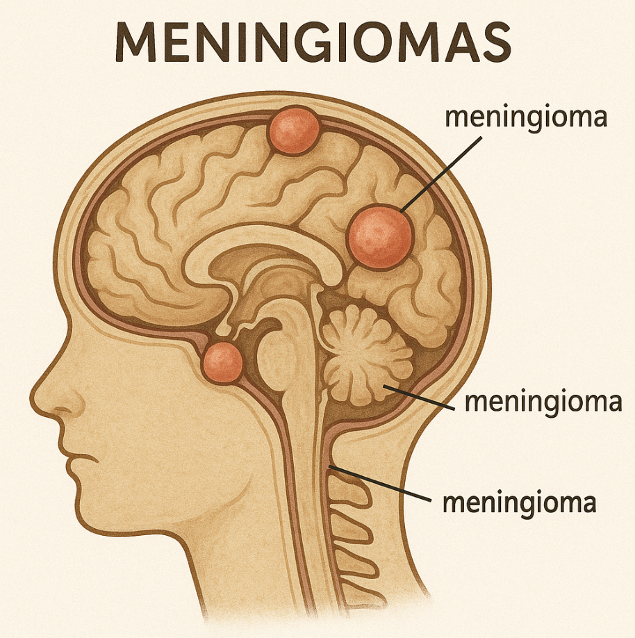 Diagram of a human head showing brain meningomas marked with red circles, located on the surface of the brain and along the meninges in the brain and spinal cord.