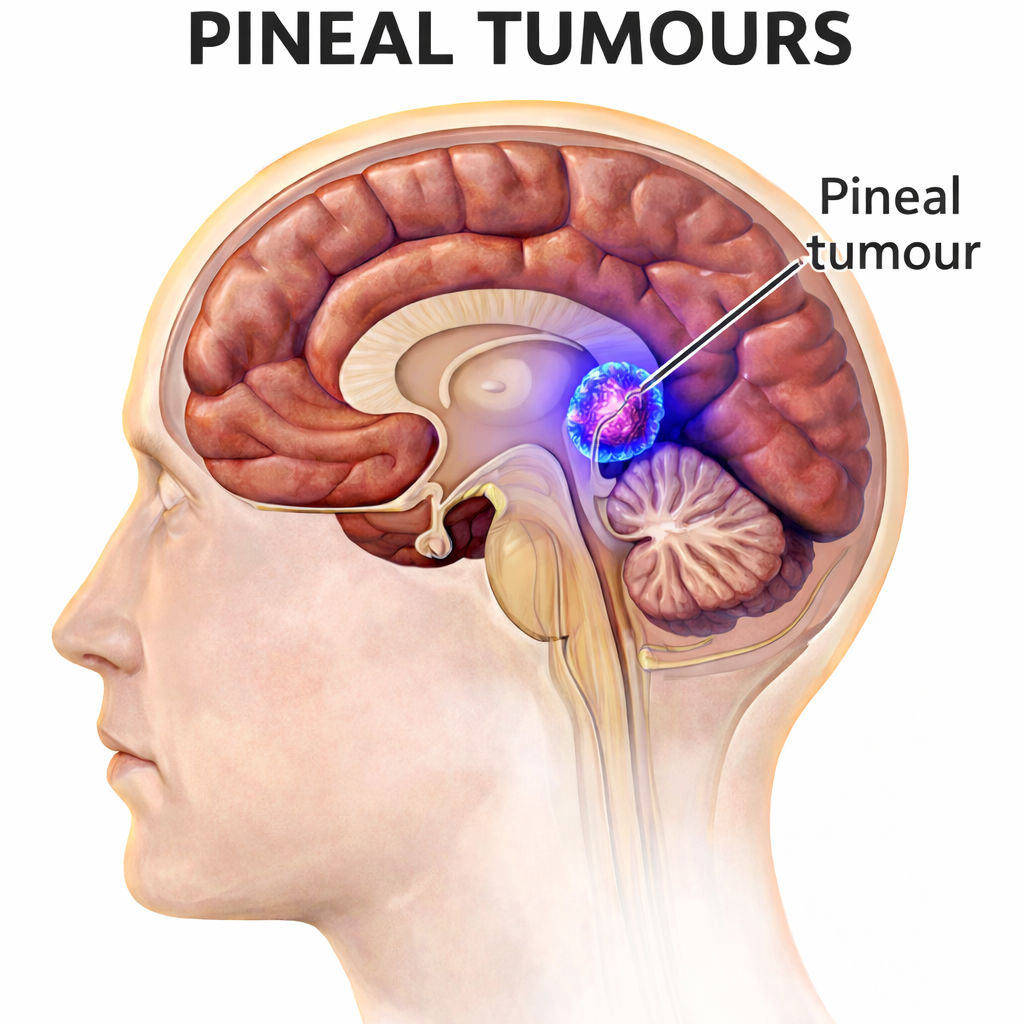Diagram of the human brain showing a pineal tumour in the pineal gland.