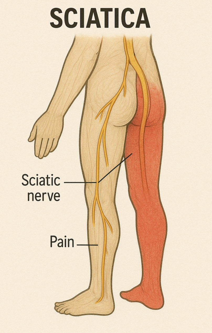 An anatomical illustration of a person showing the sciatic nerve, which runs from the lower back down the back of the leg. The image highlights pain along the nerve pathway, indicating sciatica.