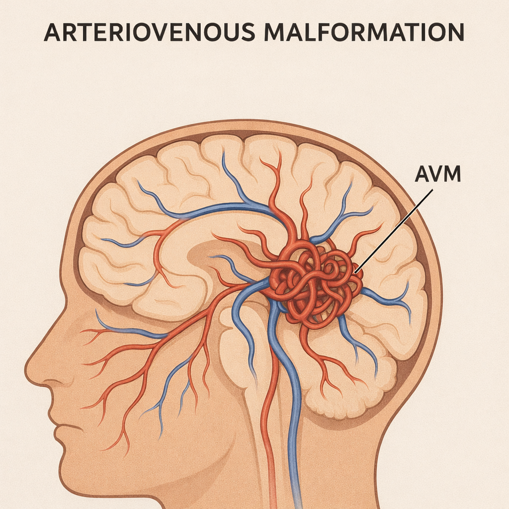 Diagram of the brain showing arteriovenous malformation (AVM) with tangled blood vessels in the brain.