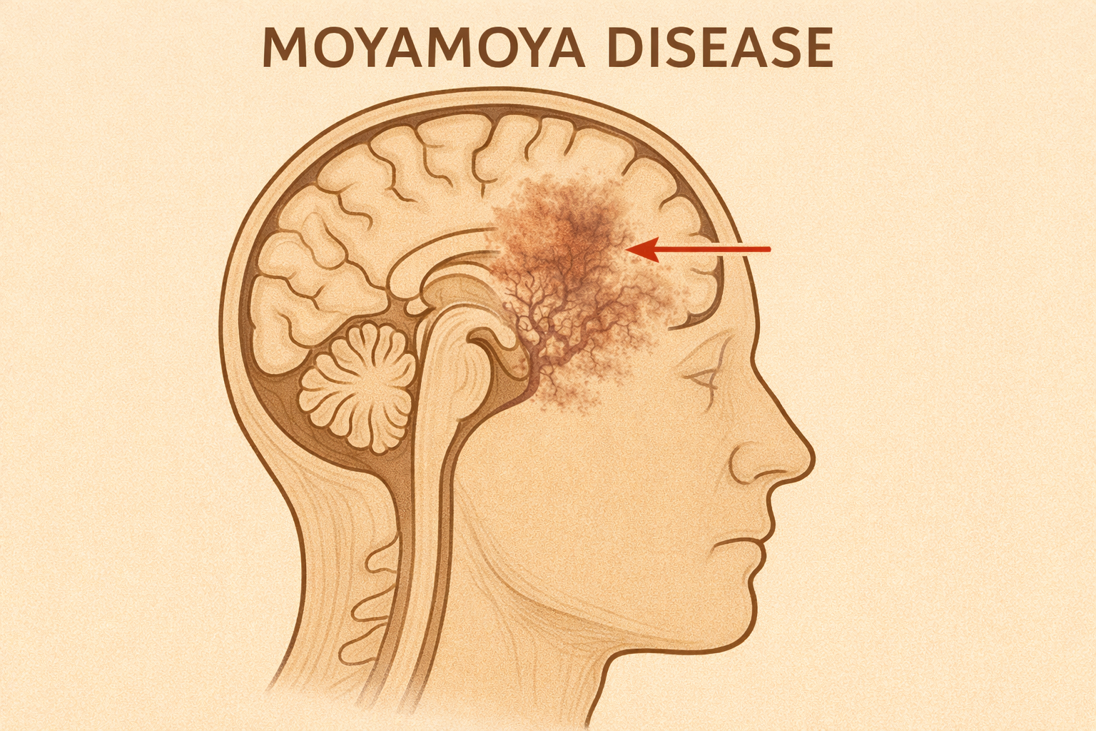 An illustration of a human head in profile showing the brain with an area affected by Moyamoya disease, indicated by a red arrow.