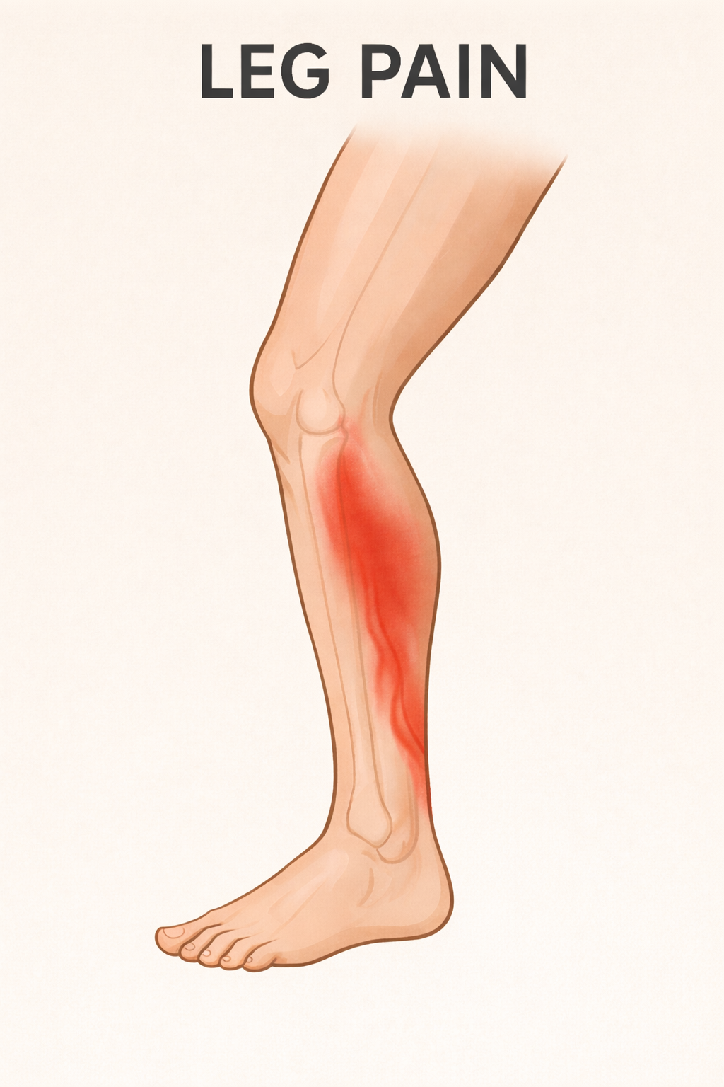 Illustration of a human leg with red shading indicating pain or inflammation in the lower part of the leg.