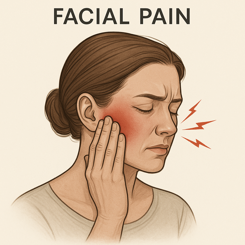 Illustration of a woman holding her jaw and showing discomfort, with red cheeks and lightning bolts near her face indicating pain, under the text 'Facial Pain'.