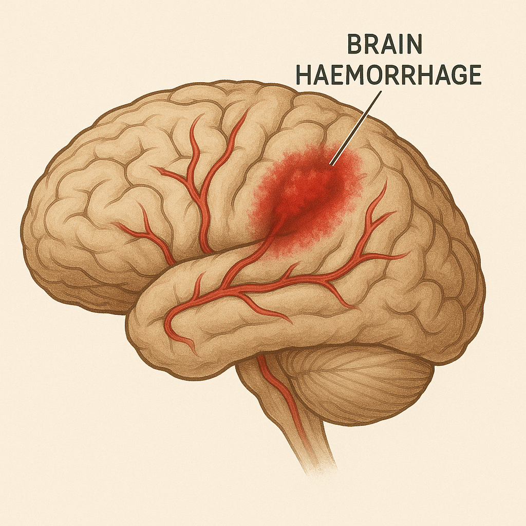 Illustration of a human brain showing a hemorrhage on the right side labeled 'Brain Haemorrhage' with red blood spreading into the brain tissue.