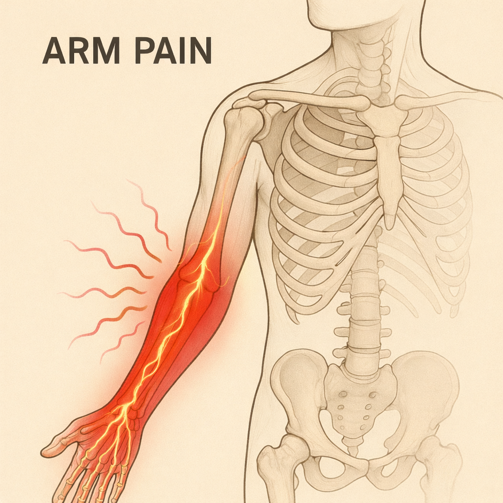 Illustration of a human skeleton highlighting an arm with areas of pain and lightning-like inflammation radiating from the arm, labeled 'Arm Pain.'