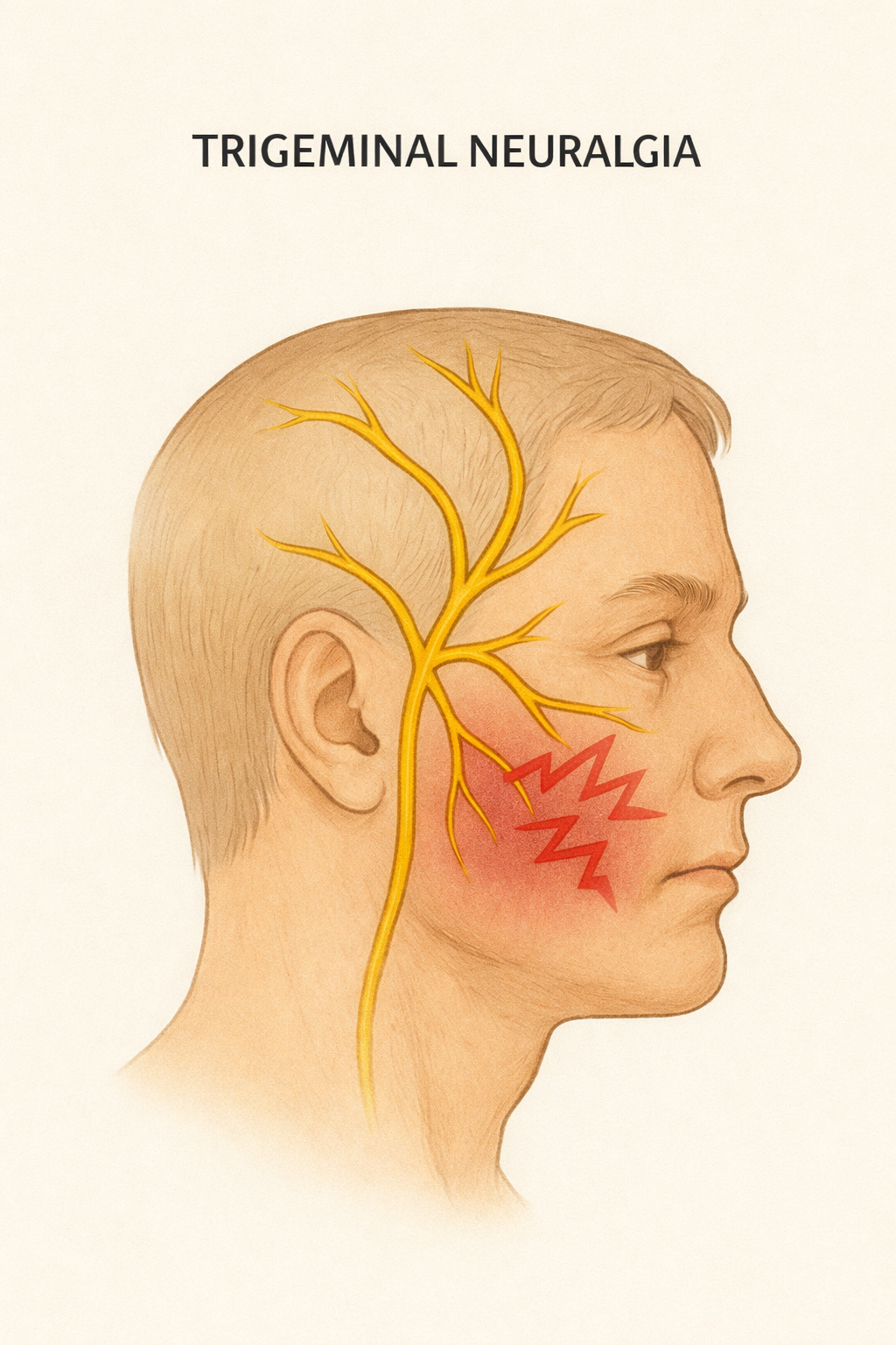 Diagram illustrating trigeminal neuralgia, showing a side profile of a man with nerves and red pain area on the cheek.
