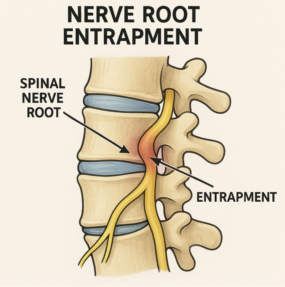 Diagram of a vertebral column showing nerve root entrapment. It depicts the spinal nerve root and the area of entrapment in the spine.