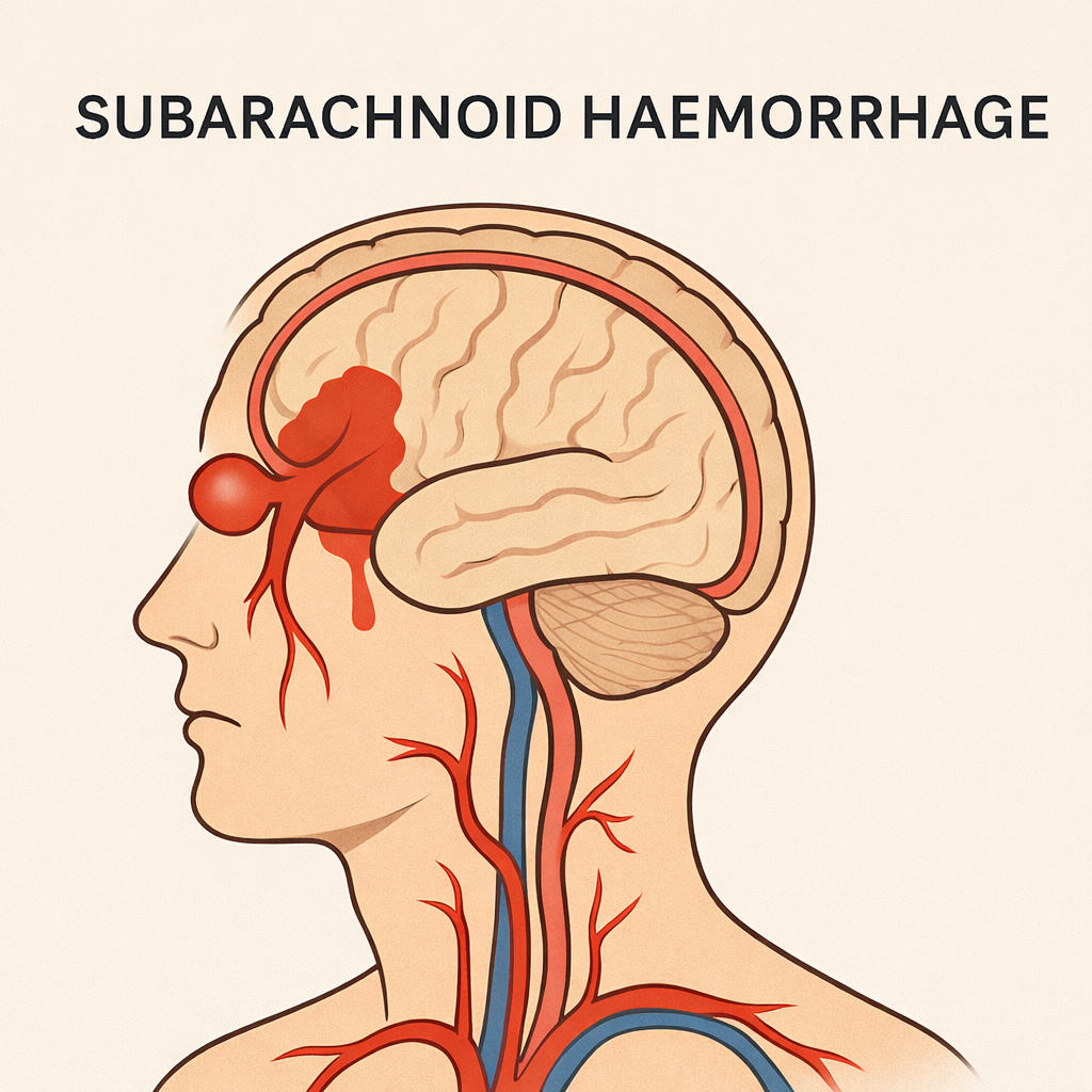 Diagram of a human head showing subarachnoid hemorrhage with bleeding in the brain and blood vessels