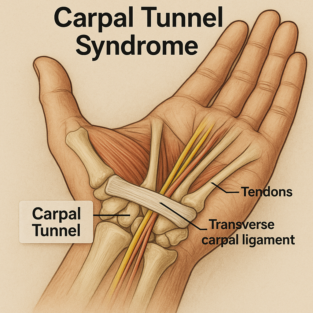 Diagram of a hand showing carpal tunnel syndrome, highlighting the transverse carpal ligament, tendons, and the carpal tunnel.