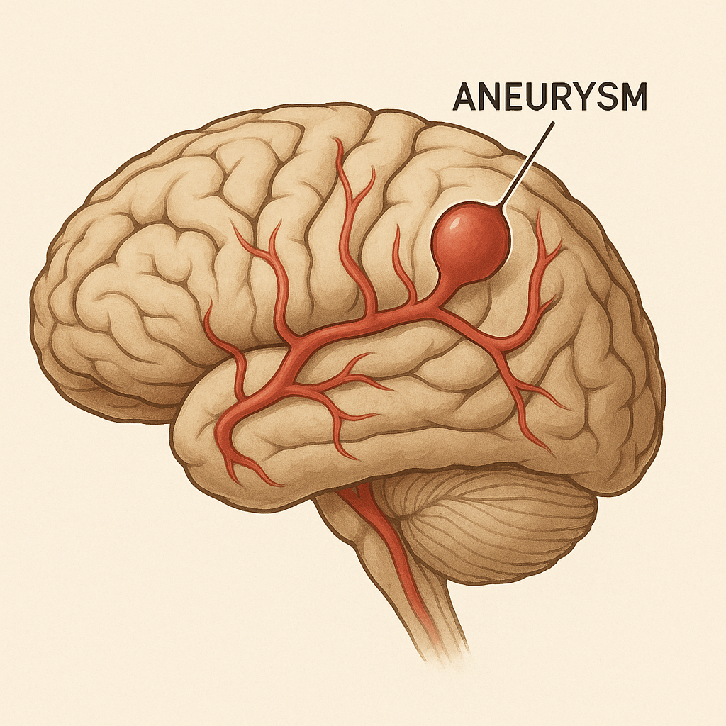 Diagram of a human brain highlighting an aneurysm on a blood vessel.