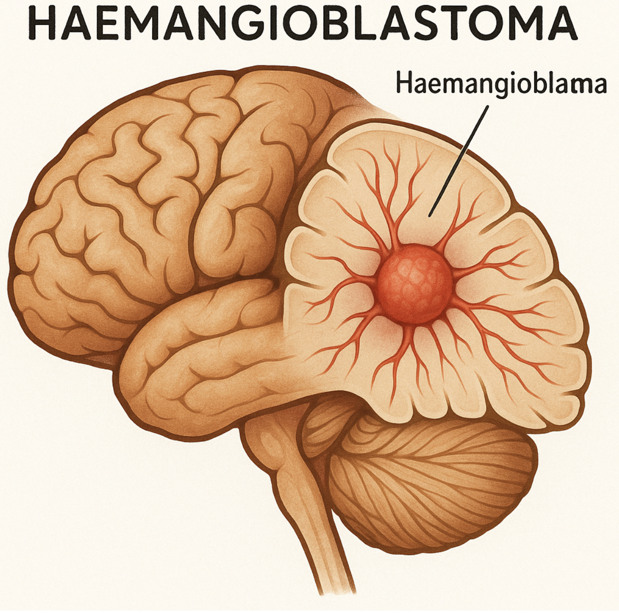 An illustration of a brain showing a haematoma with blood vessels, labeled as 'Haemangioblastoma'.