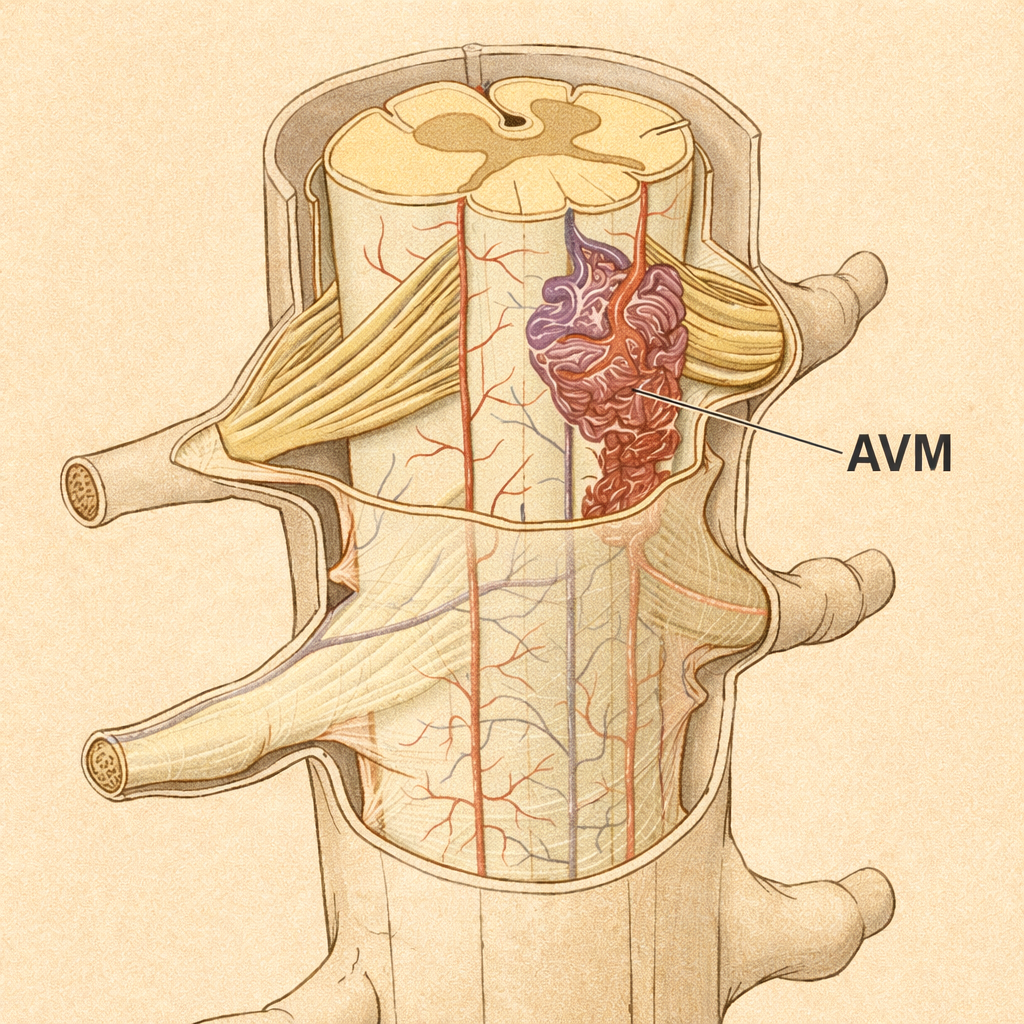 A detailed anatomical illustration of a human cervical vertebra showing nerves, blood vessels, and a tumor labeled AVM.