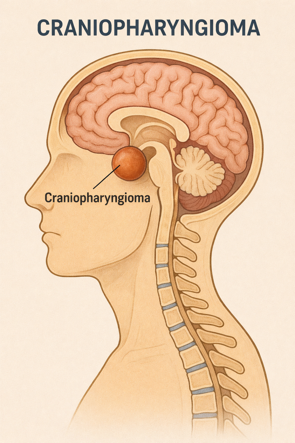 An anatomical illustration of the human head showing a brain with a labeled tumor called craniopharyngioma, located near the pituitary gland.