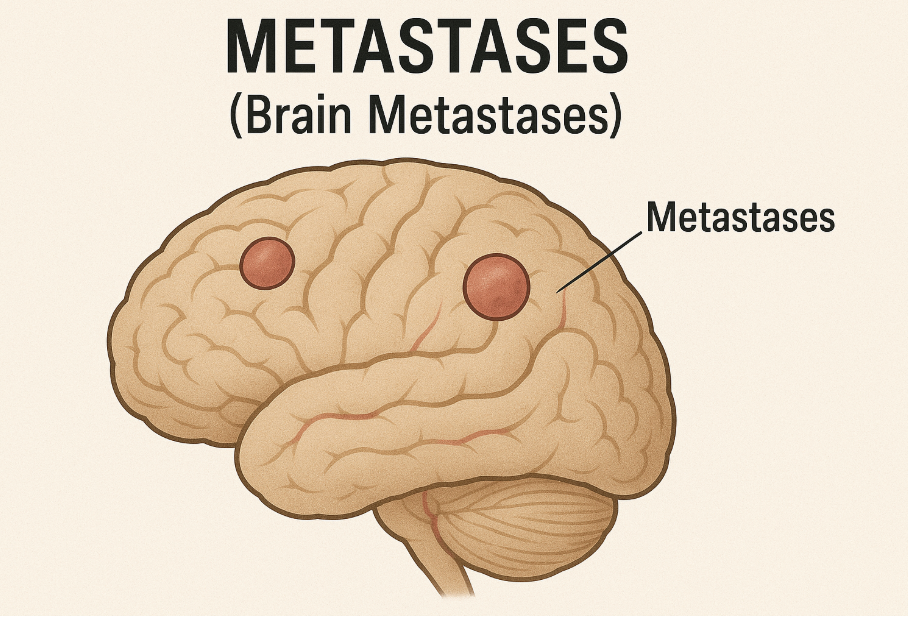 Diagram of a human brain with two red spots labeled 'Metastases,' representing brain metastases.