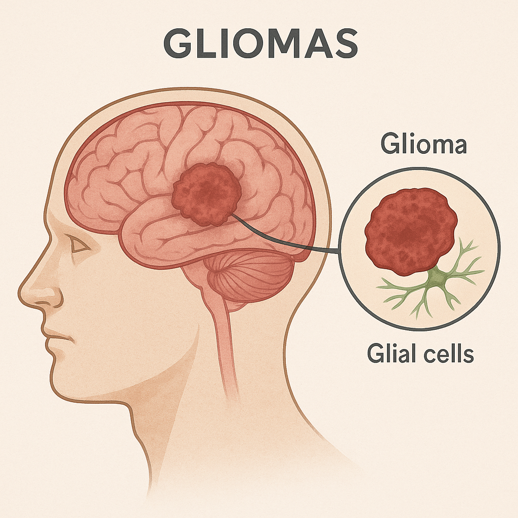 Illustration of a human head showing a brain tumor labeled as glioma, with an enlarged view of glioma and glial cells.
