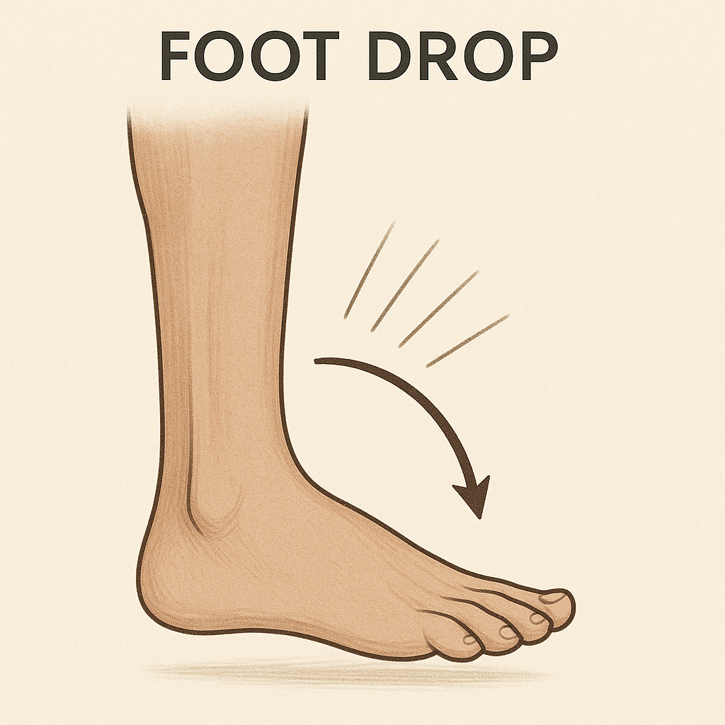 Illustration showing a foot dropping forward with an arrow indicating the motion of the foot moving downward.