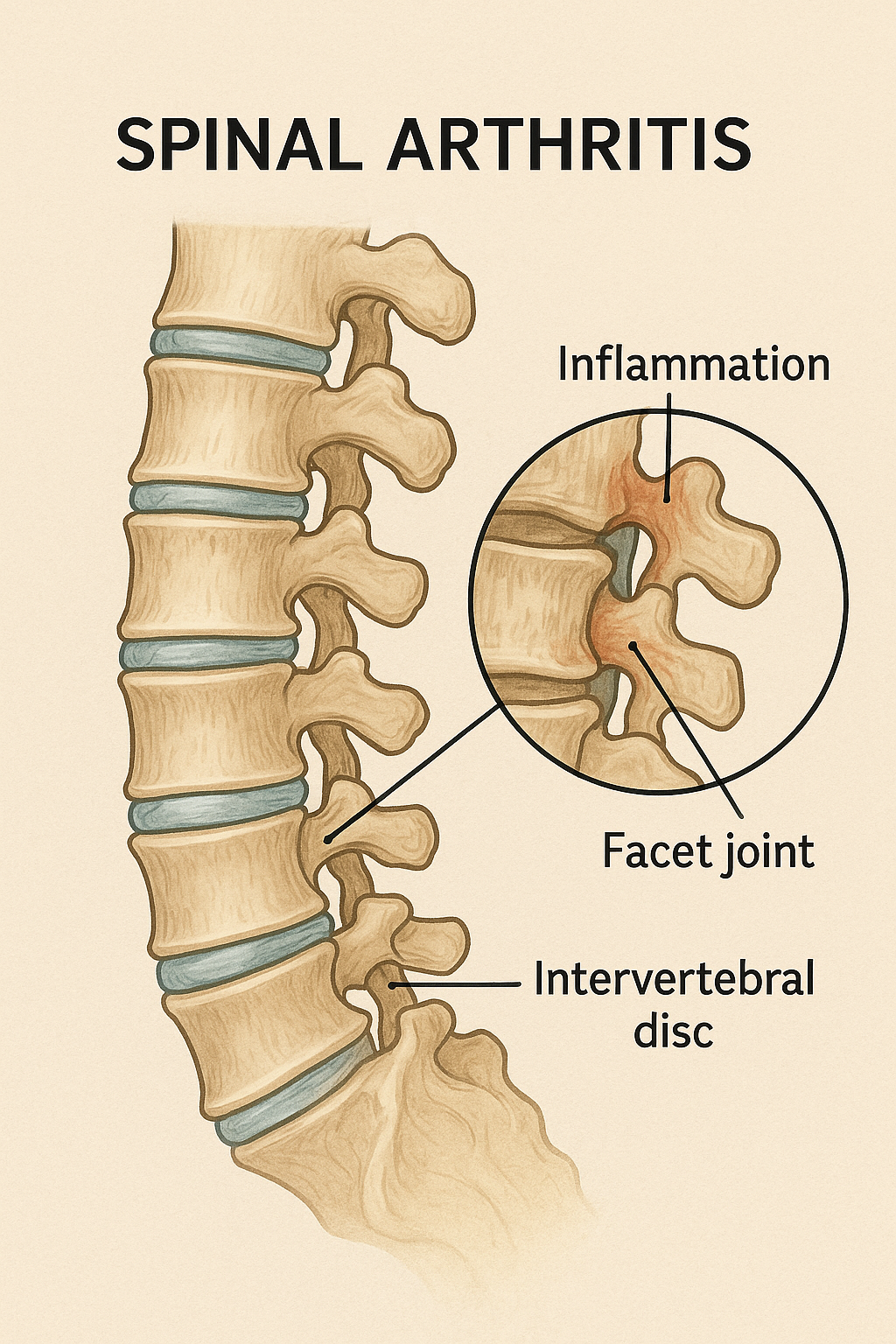 Illustration of a spine with inflamed facet joints showing spinal arthritis, with labels for inflammation, facet joint, and intervertebral disc.