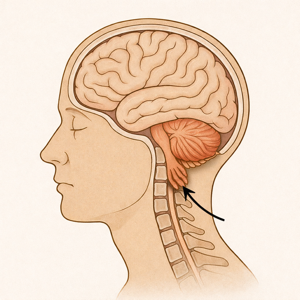 Drawing of a human head with a side view of the brain and spinal cord, highlighting the cerebellum with an arrow.